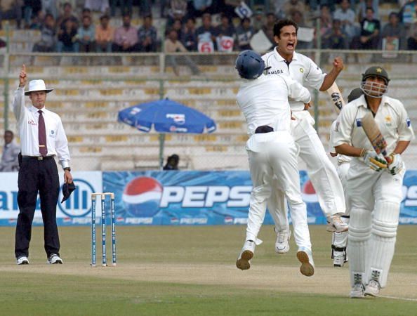 Indian bowler Irfan Pathan (2R) celebrat