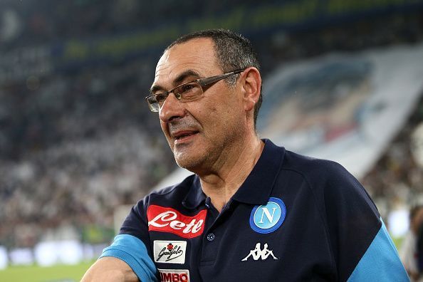 Maurizio Sarri, head coach of Ssc Napoli, looks on before...