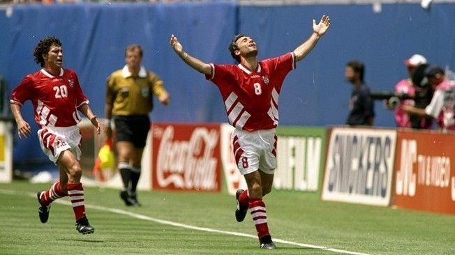 Hristo Stoichkov celebrates Bulgaria&#039;s equalizer against Germany in 1994
