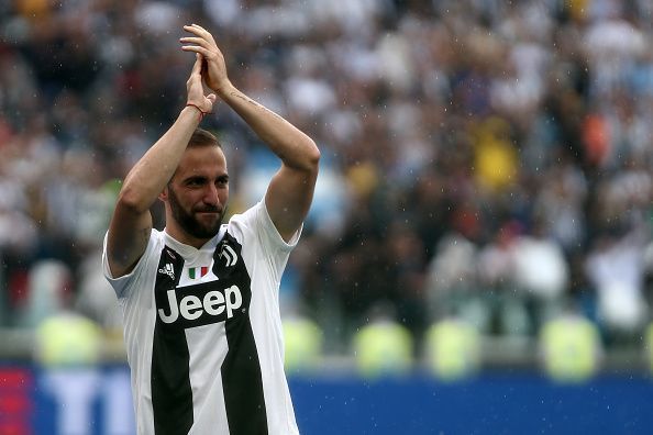 Gonzalo Higuain of Juventus FC celebrate the victory of...