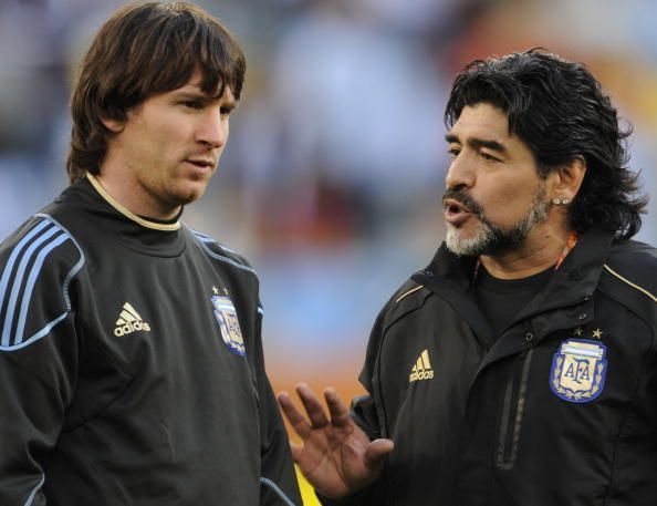 Argentina&#039;s coach Diego Maradona (R) spe