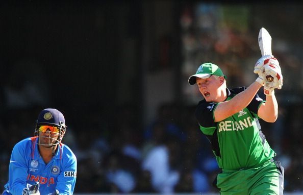 Ireland cricketer Kevin O&#039;Brien (R) watc