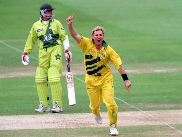 1999 Cricket World Cup Final. Lords. 20th June, 1999. Australia beat Pakistan by 8 wickets. Australia&#039;s Shane Warne celebrates after taking the wicket of Pakistan&#039;s Wasim Akram, the first of four.