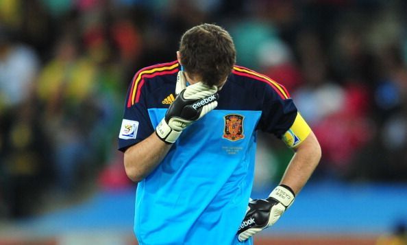Spain&#039;s goalkeeper Iker Casillas reacts