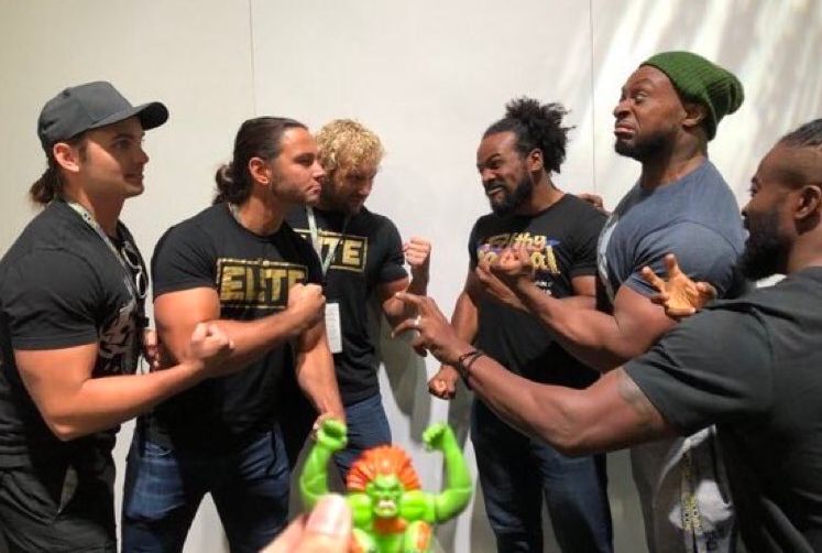 The Elite (left) facing off against The New Day (right)