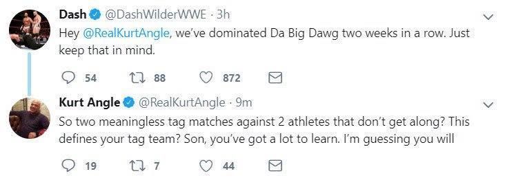 Kurt Angle responds to Dash Wilder by saying his matches on Raw were 'meaningless'