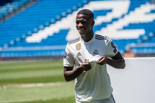 Real Madrid's new Brazilian forward Vinicius Junior during...