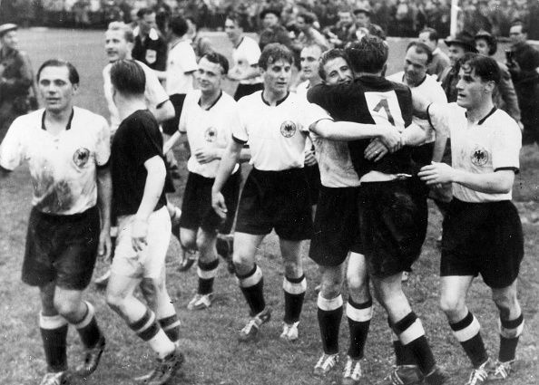 1954 FIFA World Cup in Switzerland Final before 65.000 spectators in Bern&#039;s Wankdorf Stadium: Germany 3 - 2 Hungary - German players celebrating their win after the final whistle| -