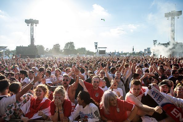 Football Fans Gather To Watch England Play Croatia For A Place In The World Cup Final