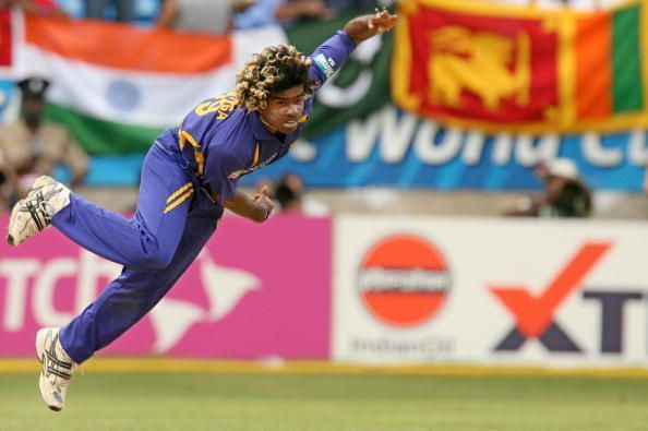 Sri Lankan cricketer Lasith Malinga bowl...