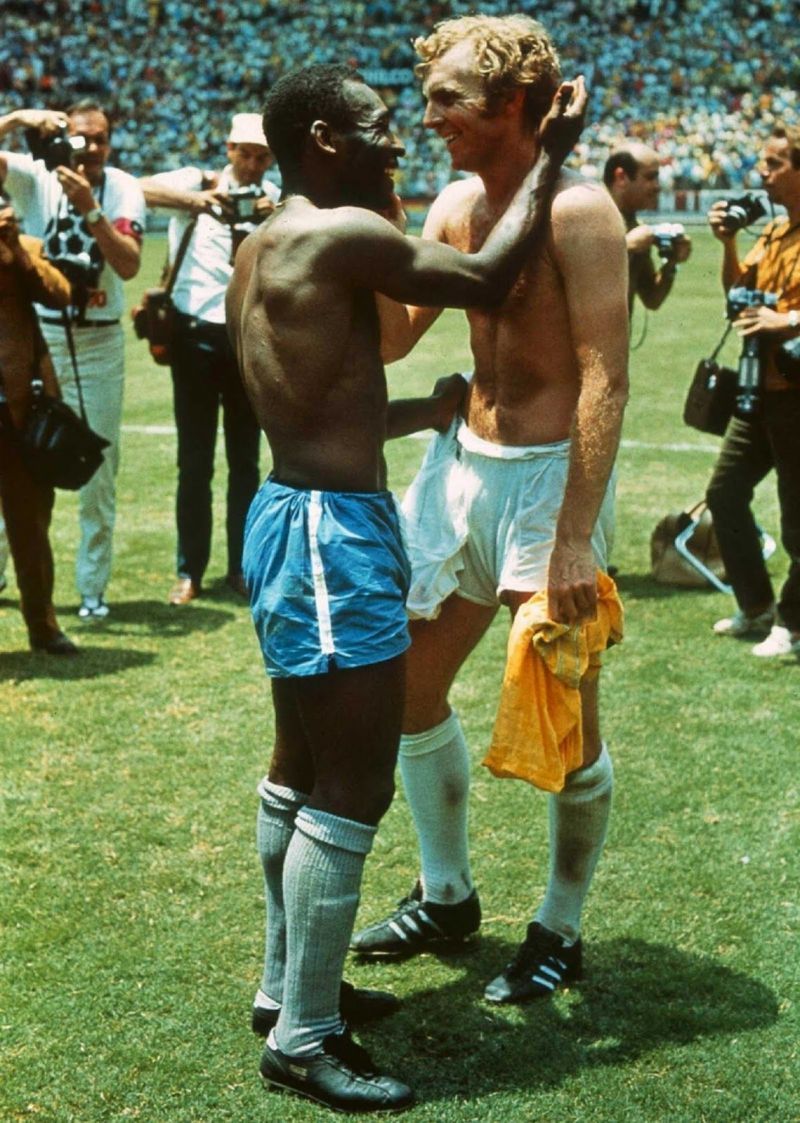 Probably the greatest football picture ever taken, this 1970 shot of Pele (left) and Bobby Moore exchanging shirts after England&#039;s defeat to Brazil, perfectly captures what football is, and what it should be. Credit: John Varley 