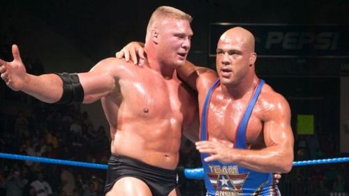 Angle and Lesnar battled for the WWE Championship in the main event of Wrestlemania 19