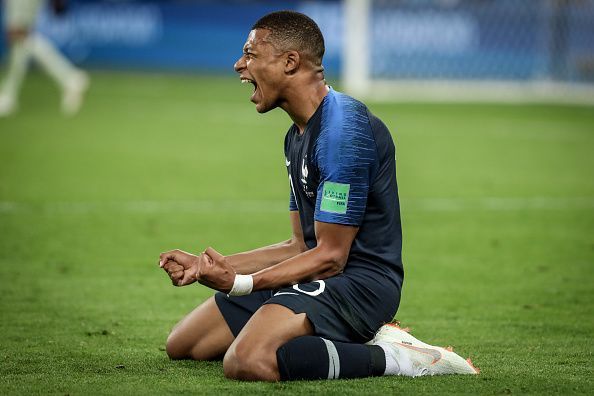 Kylian Mbappe of France celebrates for qualifying the final...