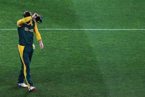 A disappointed Ab de Villiers after South Africa were knocked out of the World Cup 2015