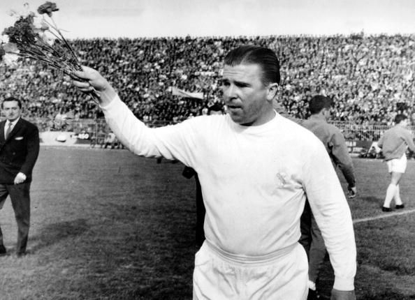 14th, May, 1965, Ferenc Puskas of Real Madrid, pictured throwing flowers to fans prior to the AEK Athens v Real Madrid game in Athens, The match finished in a 3-3 draw