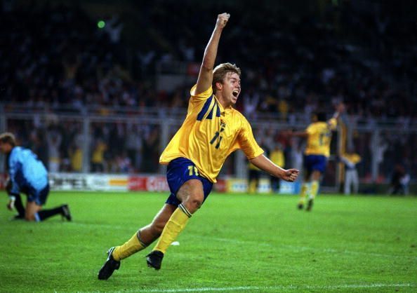 Sport, Football, pic: 17th June 1992, European Championship in Stockholm, Sweden 2 v England 0, Sweden&#039;s Thomas Brolin turns to celebrate after scoring the 2nd goal