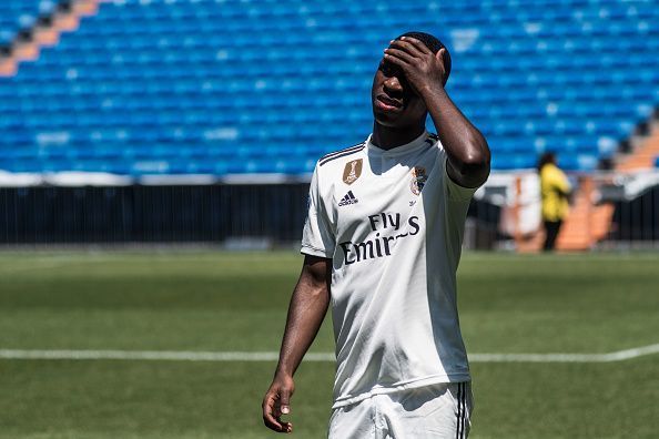 Real Madrid&#039;s new Brazilian forward Vinicius Junior during...