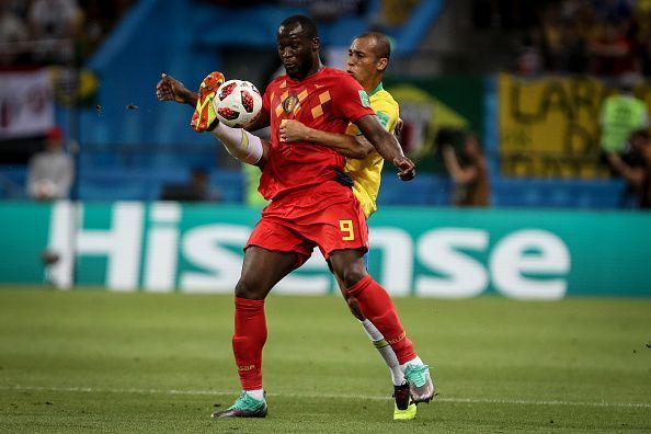 Romelu Menama Lukaku and Jo&Atilde;&pound;o Miranda during the match...