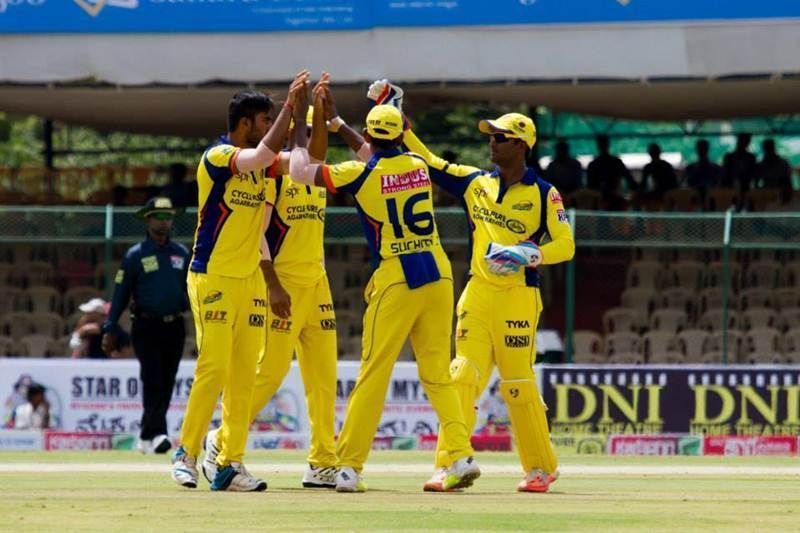 Mysuru Warriors celebrate the fall of a wicket