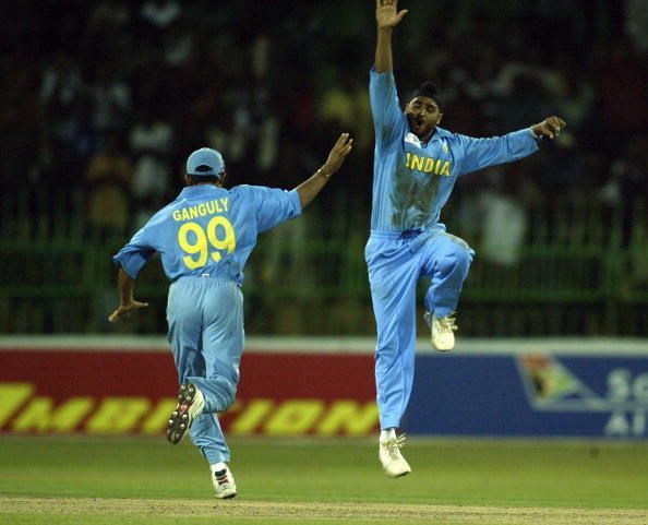 Harbahjan Singh of India celebrates dismissing Jonty Rhodes of South Africa