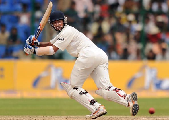 India&#039;s Cheteshwar Pujara plays a shot d