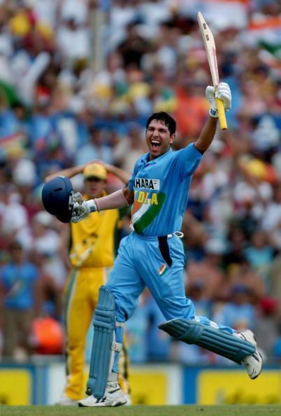 Yuvraj Singh of India celebrates reachin