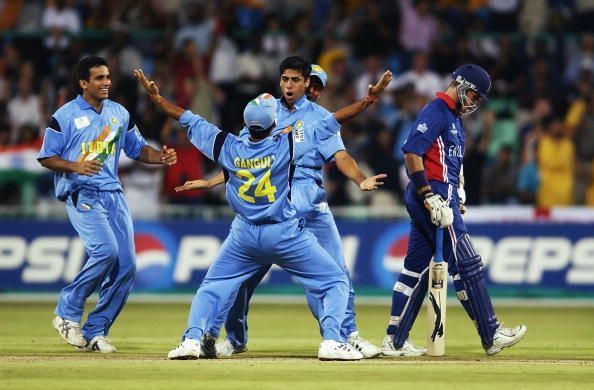 Ashish Nehra of India celebrates the wicket of Alec Stewart of England