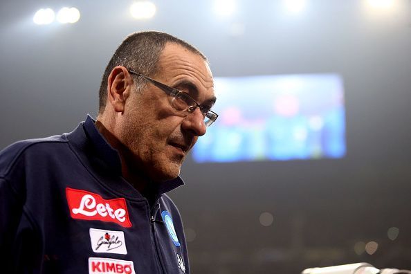 Maurizio Sarri, head coach of Ssc Napoli, looks on before...