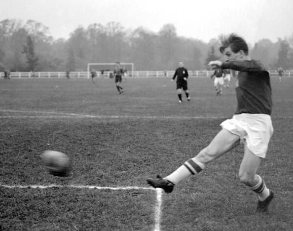 Hungarian forward Zoltan Czibor kicks the ball dur