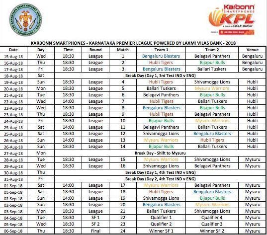 Karnataka Premier League 2018 full schedule