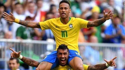 Neymar celebrates his goal against Mexico