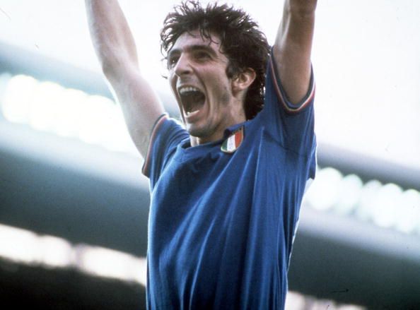 1982 World Cup Final. Madrid, Spain. 11th July, 1982. Italy 3 v West Germany 1. Italy&#039;s Paolo Rossi celebrates after scoring the first goal.