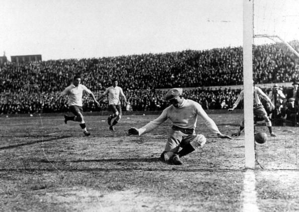 World Cup Final, 1930, Montevideo, Uruguay. Uruguay 4 v Argentina 2. Uruguay&#039;s Pablo Dorado (out of picture) beats Argentina&#039;s goalkeeper Juan Botasso to score the first goal of the match after 12 minutes.