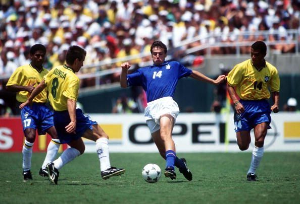 1994 World Cup Final. Pasadena, USA. 17th July, 1994. Brazil 0 v Italy 0. (Brazil won 3-2 on penalties). Italy&#039;s Nicola Berti challenged by Brazil&#039;s Dunga