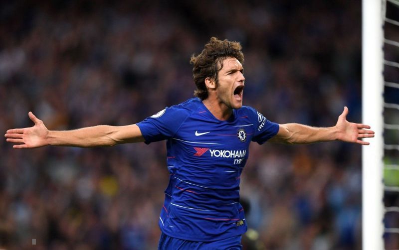Marcos Alonso celebrates his winning goal against Arsenal