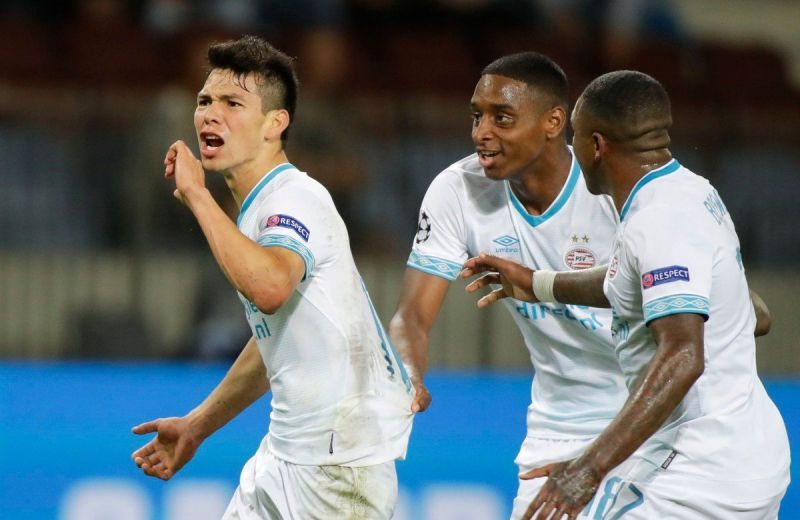 Chucky Lozano and PSV team mates celebrate against BATE Borisov