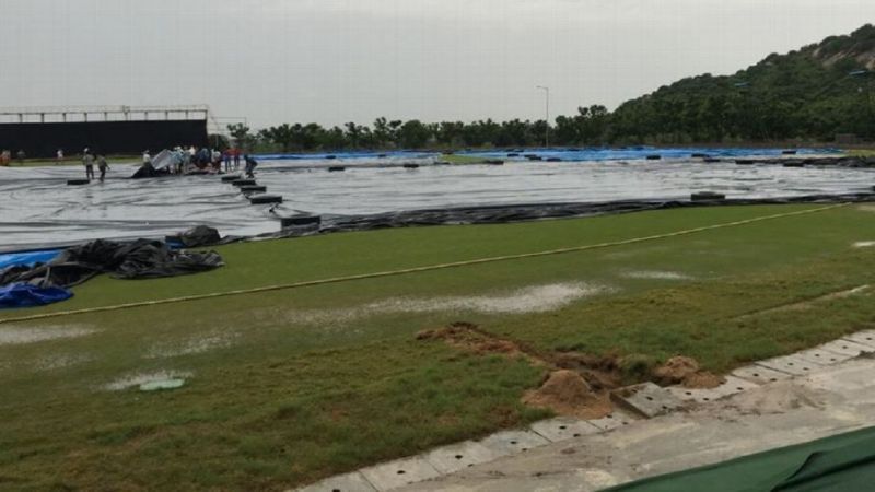 It is raining heavily at Vijayawada, and the grounds are in a mess