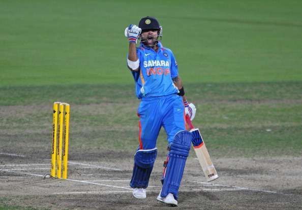 Kohli celebrating India&#039;s win against Sri Lanka, 11th Match, CB Series at Hobart on 28 February 2012.
