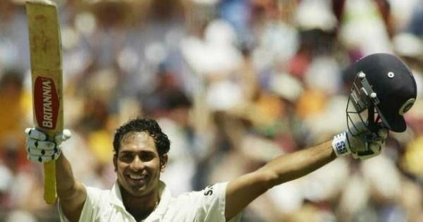 Laxman celebrating his maiden century in international cricket