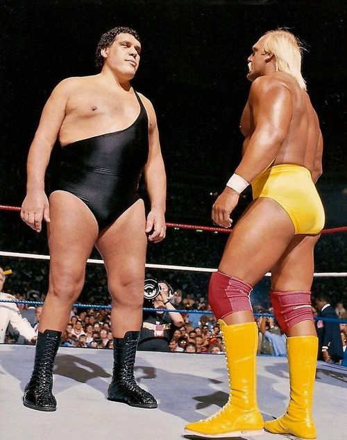 Hulk Hogan faces down Andre the Giant at Wrestlemania III