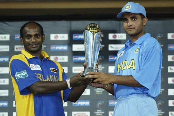 Sanath Jayasuriya of Sri Lanka and Sourav Ganguly of India with the trophy after