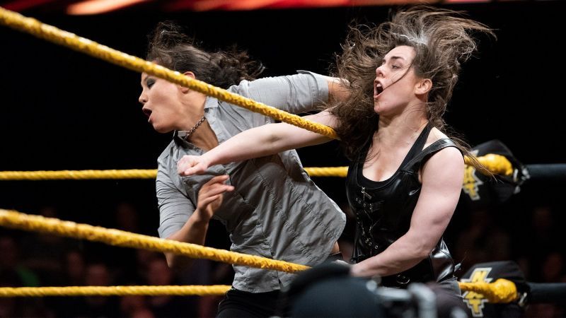 Nikki Cross attacking the current NXT Women&#039;s Champion Shayna Baszler