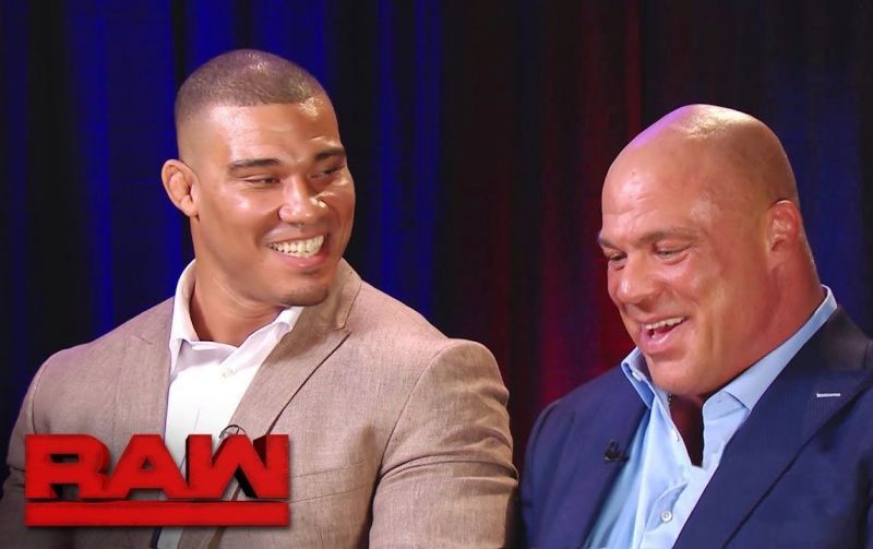 Jason Jordan (left) essays the role of Kurt Angle&#039;s (right) son on WWE RAW