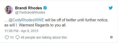 Cody's wife, Brandi tweet after Wrestlemania 29 which hints at Cody's disappointment with being bumped off Wrestlemania 29 card