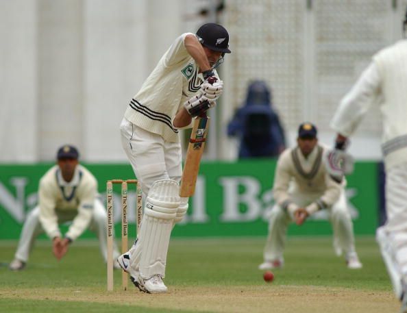 New Zealand&#039;s Stephen Fleming plays defensively ag