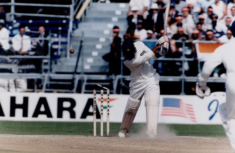 Ajay Jadeja is castled by a zinging Wasim Akram yorker.