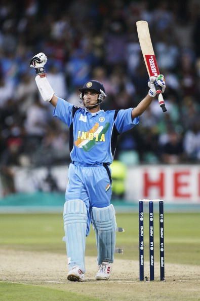 Sourav Ganguly of India celebrates his century during the ICC Cricket 