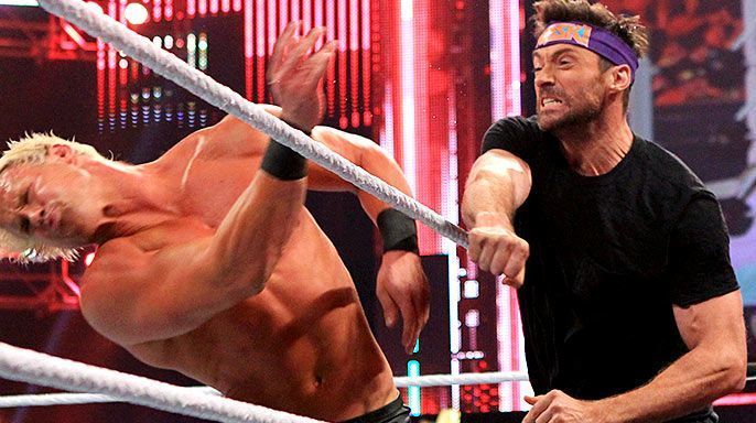 Hugh Jackman delivers a punch to Dolph Ziggler