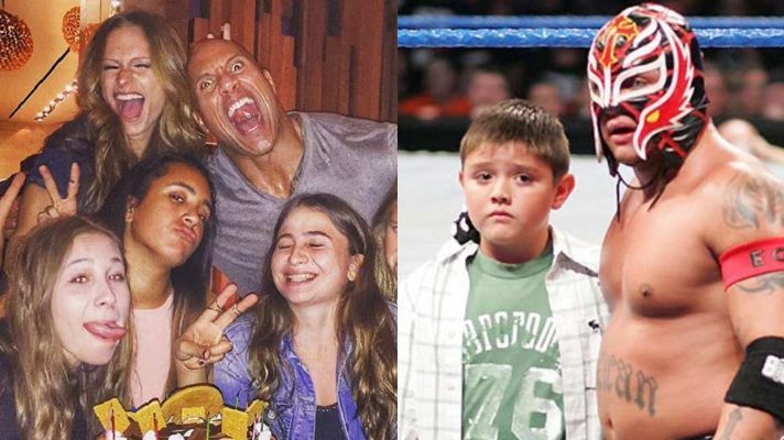 WWE Superstar The Rock (left) with his daughter and Mysterio with his son