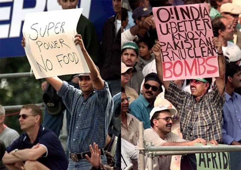 Slogans were held up to protest nuclear testing by both nations